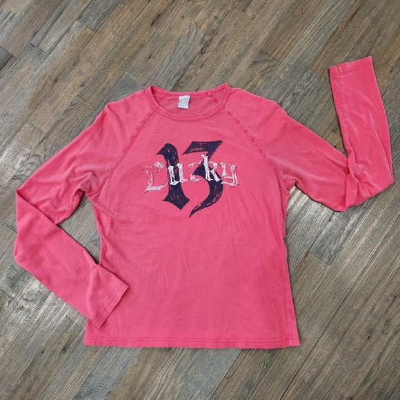 VTG Y2K Made In USA Lucky Brand Women Large Red Pink Long Sleeve LUCKY 13 Shirt - Picture 1 of 10